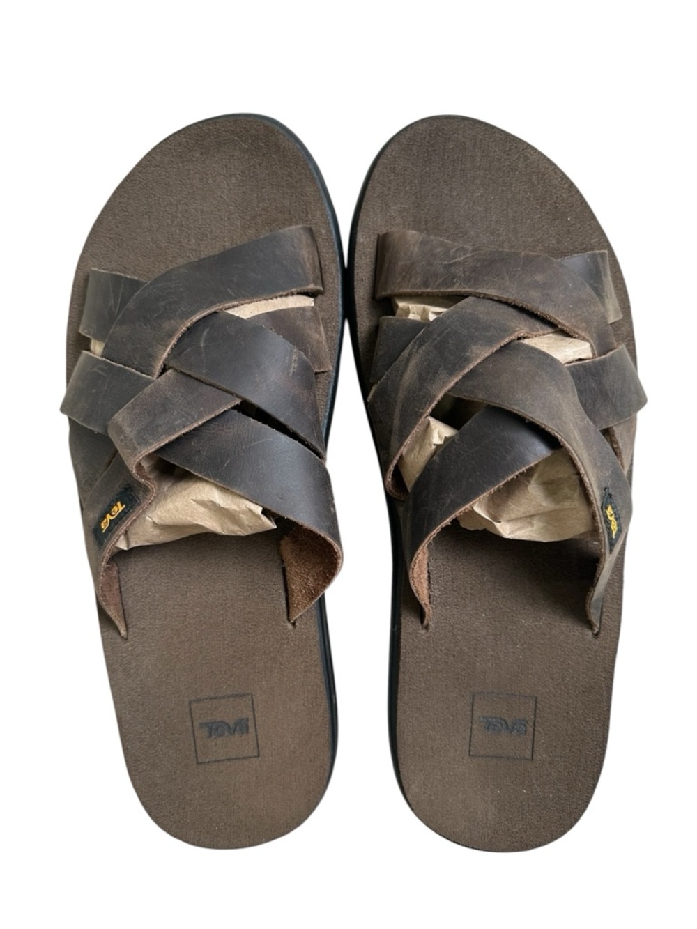 Teva Men’s 11 Voya Brown Leather Crisscross Slide Sandals - Picture 5 of 8